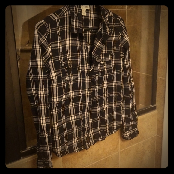 black, white and tan plaid women's button up - Picture 1 of 4